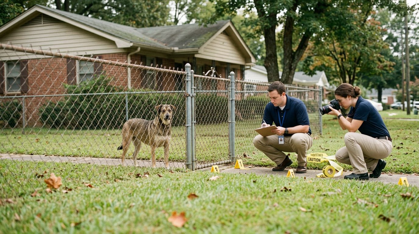 Accident investigators document a dog bite incident scene at a residential property with evidence markers.