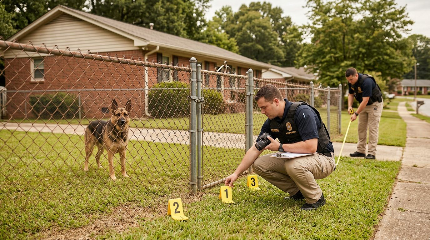 Accident investigators document a dog bite incident scene at a residential property with evidence markers in the yard.