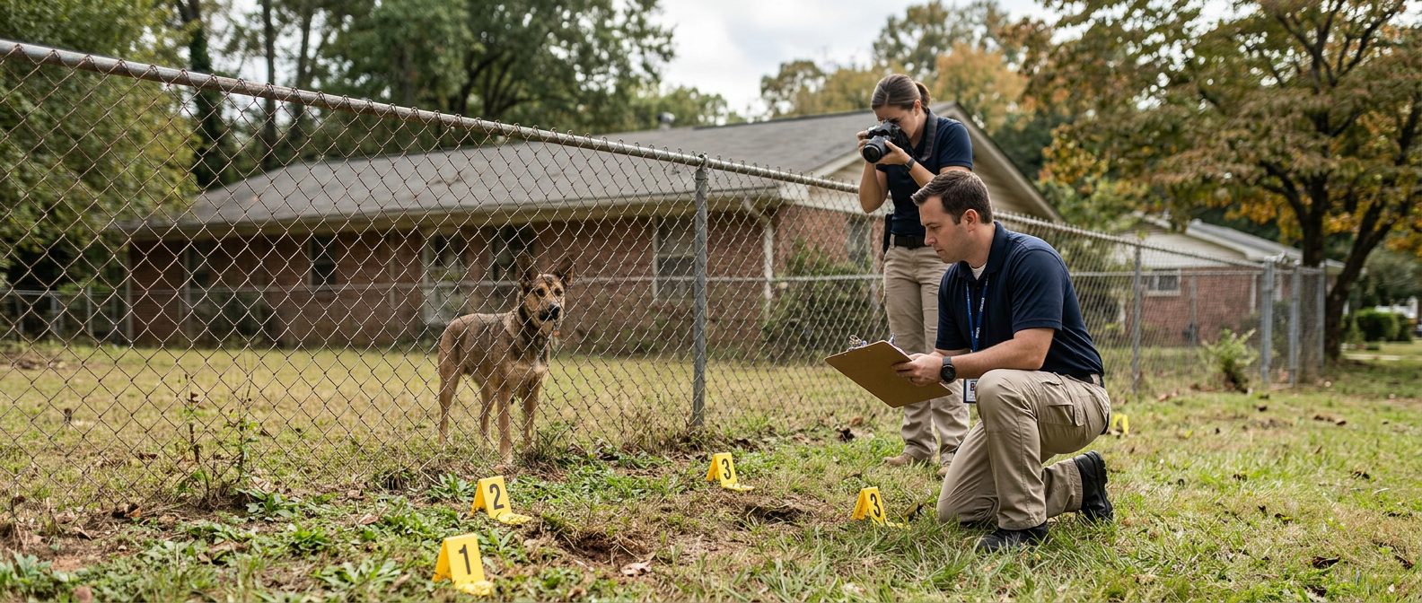 Accident investigators document a dog bite incident scene at a residential property with evidence markers.