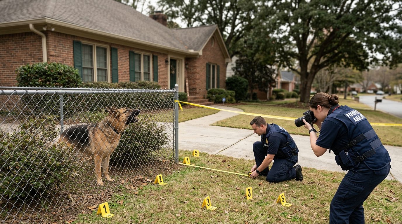 Accident investigators document a dog bite incident scene at a residential property with evidence markers.