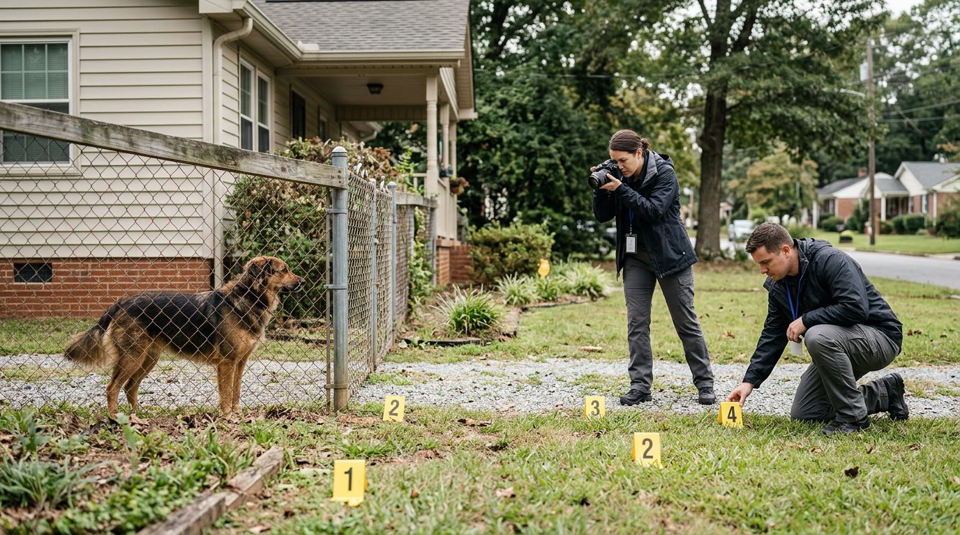 Accident investigators document a dog bite incident scene at a residential property with evidence markers in the yard.
