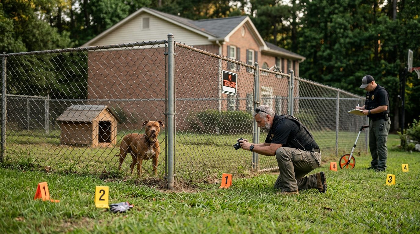 Accident investigators document a dog bite incident scene at a residential property with evidence markers.