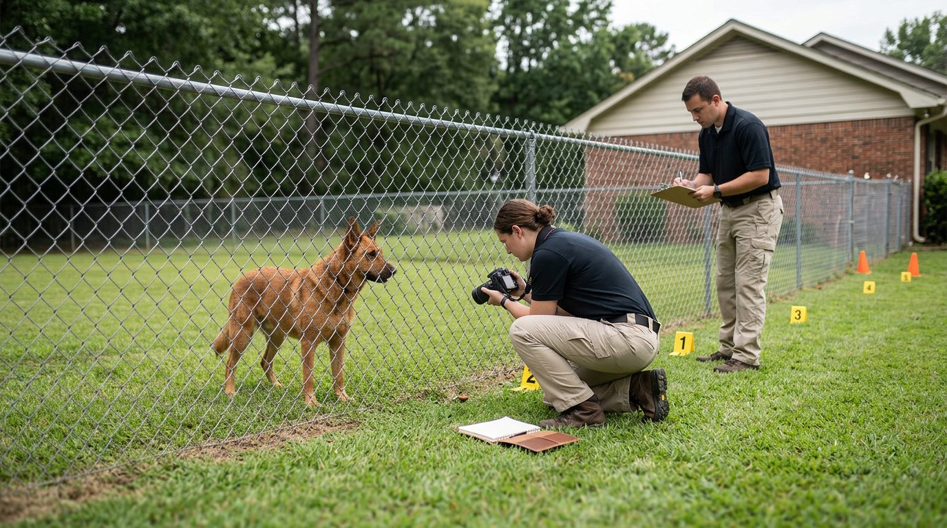 Accident investigators document a dog bite incident scene with evidence markers in a residential yard.