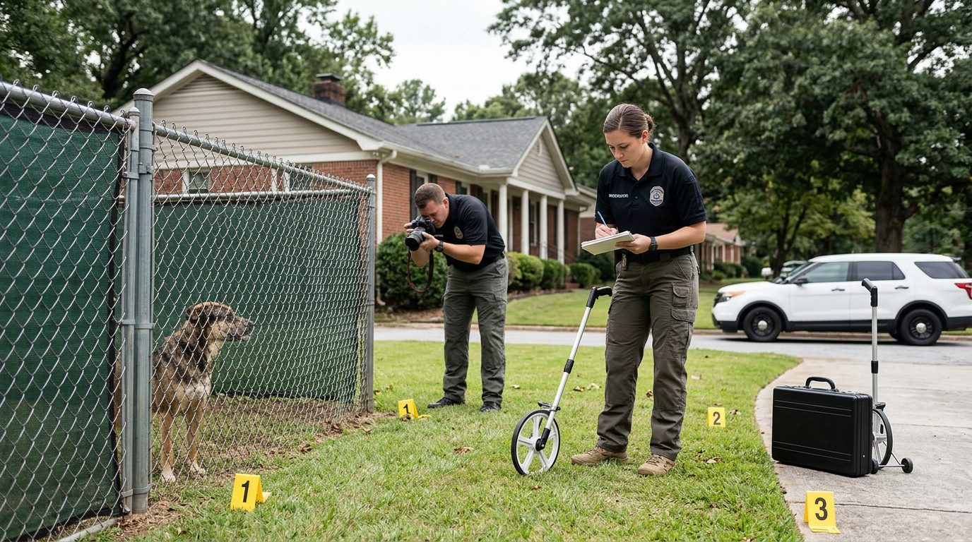 Accident investigators document a dog bite incident scene with evidence markers in a residential yard.
