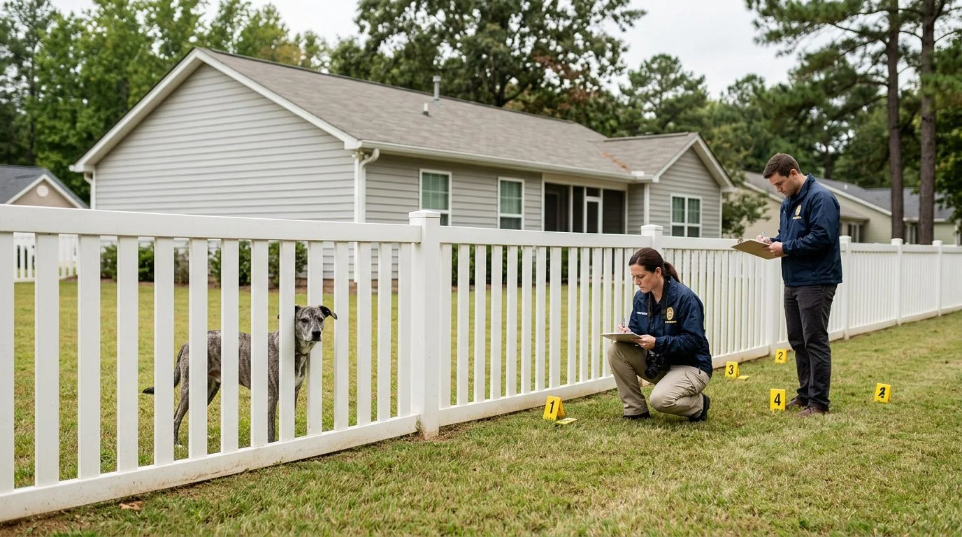 Accident investigators document a dog bite incident scene with evidence markers in a residential yard.