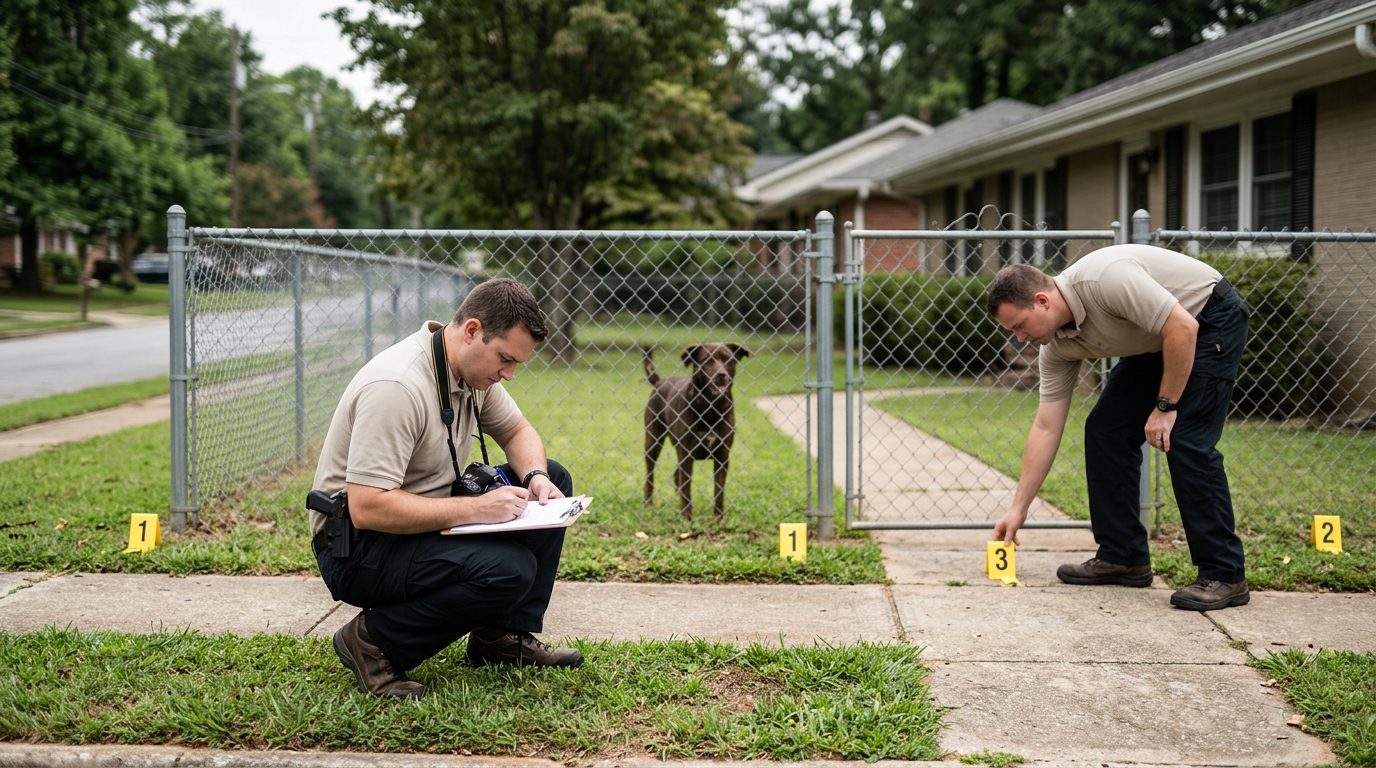 Accident investigators document a dog bite incident scene with evidence markers in a residential yard.