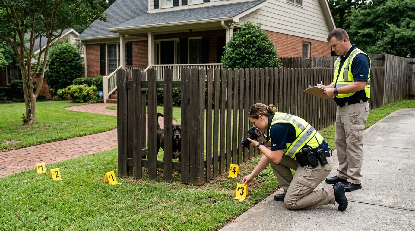 Accident investigators document a dog bite incident scene with evidence markers in a residential yard.