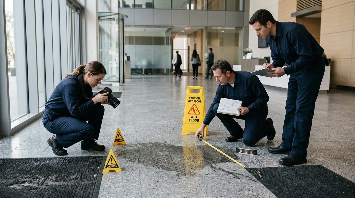 Accident investigators document a slip and fall incident with photos, hazard markers, and floor measurements.