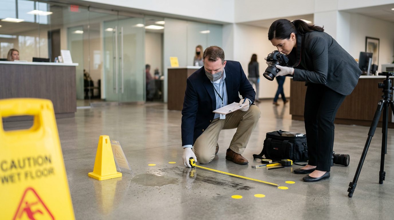 Accident investigators document a slip and fall incident with photos, hazard markers, and measurements on commercial flooring.