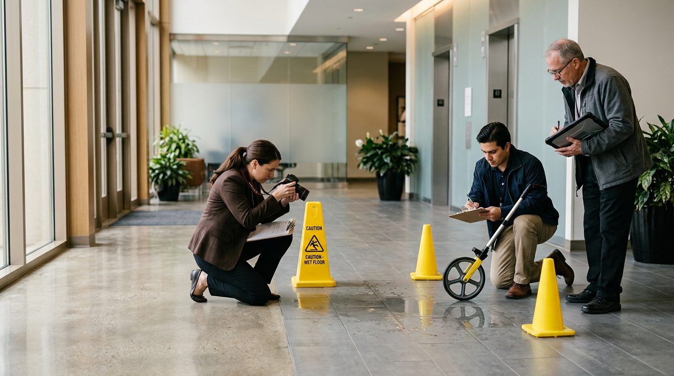 Accident investigators document a slip and fall incident with photos, hazard markers, and floor measurements.