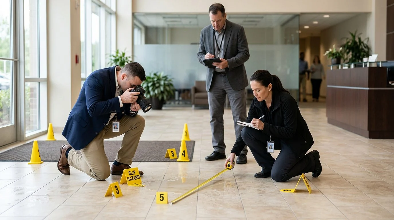 Accident investigators document slip and fall incident at commercial property with hazard markers and measurements.