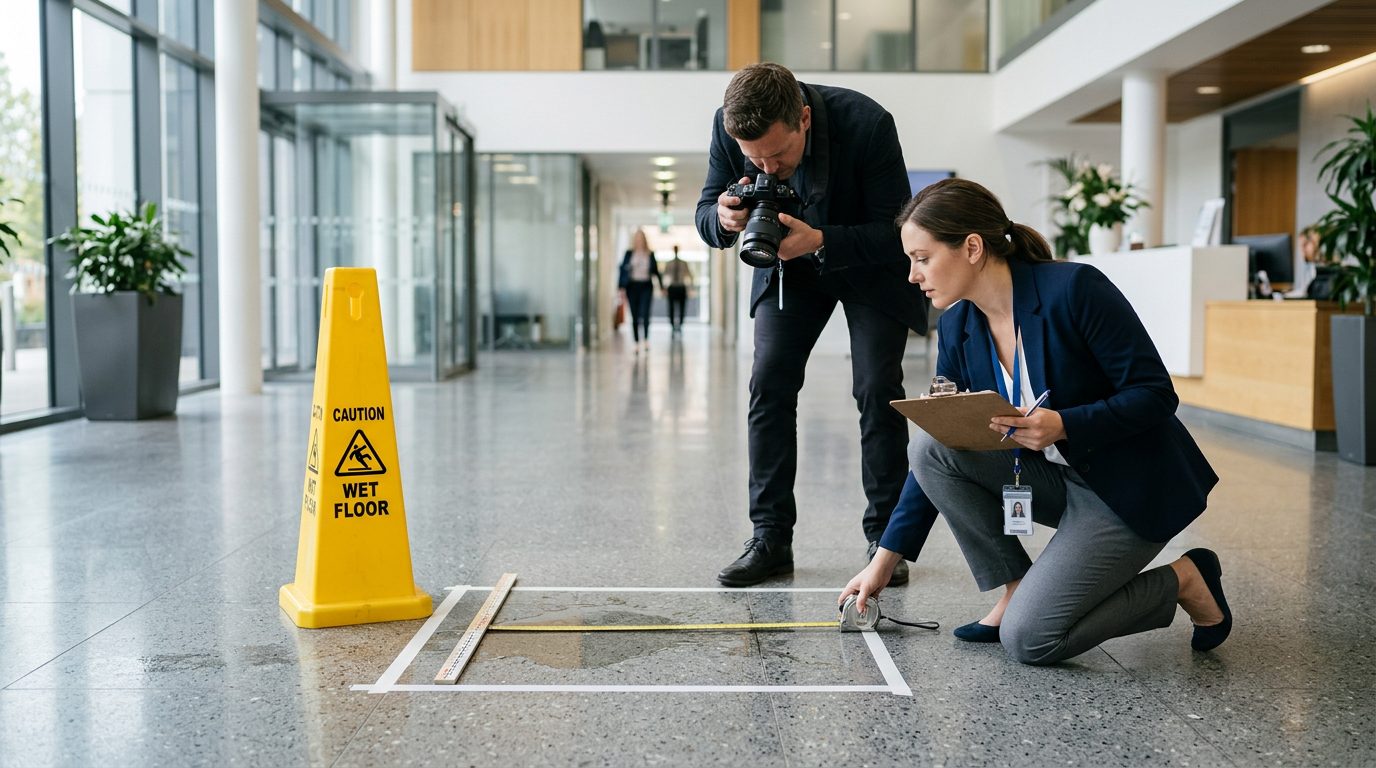 Accident investigators document slip and fall incident with hazard markers and floor measurements.