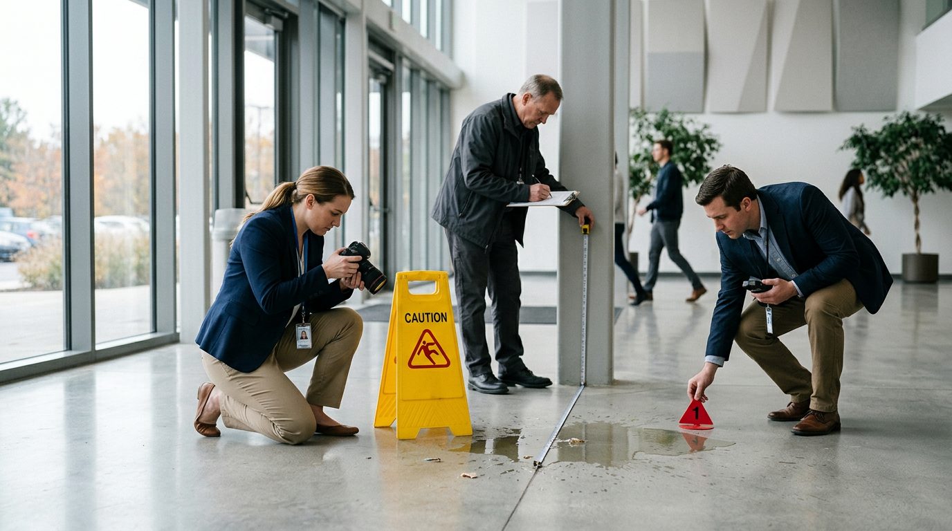 Accident investigators documenting slip and fall evidence with photos, hazard markers, and floor measurements.