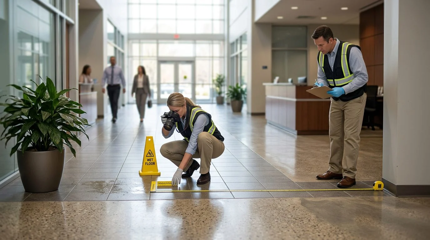 Accident investigators documenting slip and fall incident with hazard markers and flooring measurements at commercial property.