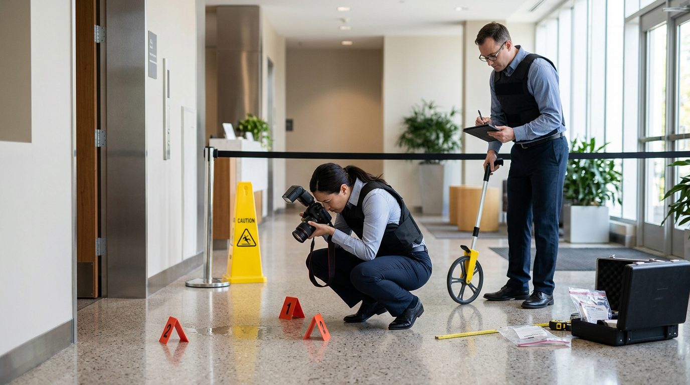 Accident investigators documenting slip and fall incident with hazard markers and flooring measurements.