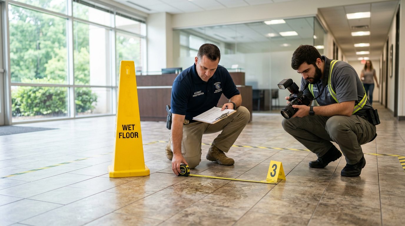Accident investigators documenting slip and fall incident with hazard markers and flooring measurements.