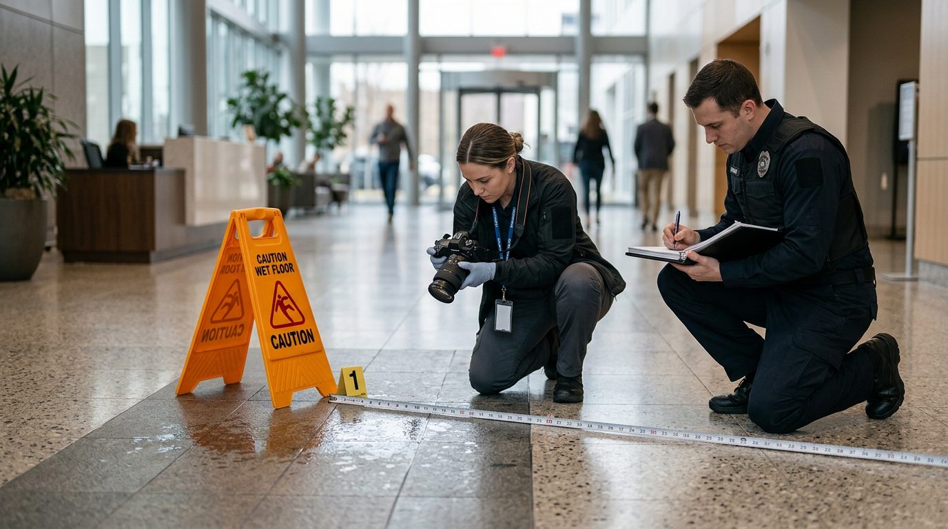 Accident investigators documenting slip and fall incident with hazard markers and flooring measurements.
