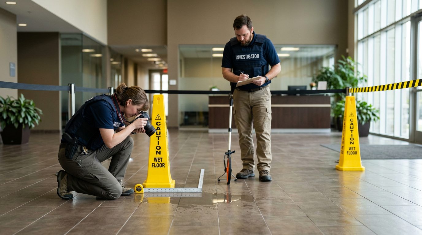 Accident investigators documenting slip and fall scene with hazard markers and flooring measurements.