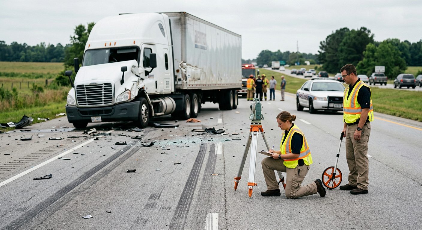 Accident reconstruction specialists document debris and skid marks at a multi-lane highway truck collision scene.