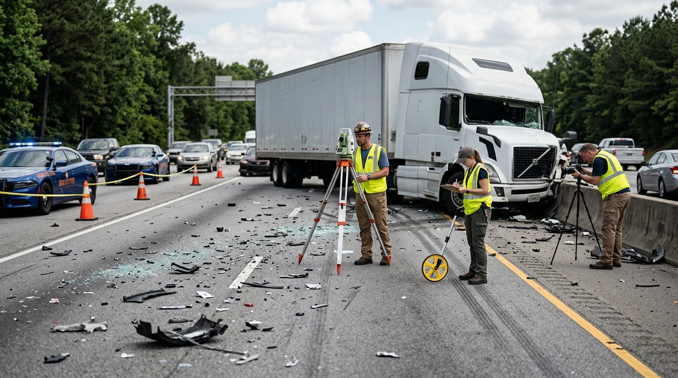 Accident reconstruction specialists document debris and skid marks at a multi-lane highway truck collision scene.