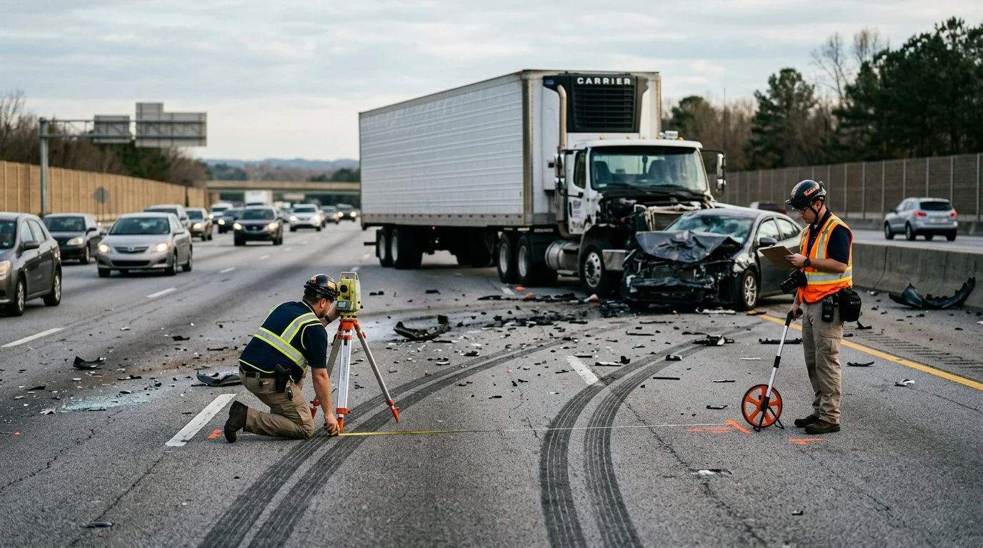 Accident reconstruction specialists document debris and skid marks at a multi-lane highway truck collision scene.