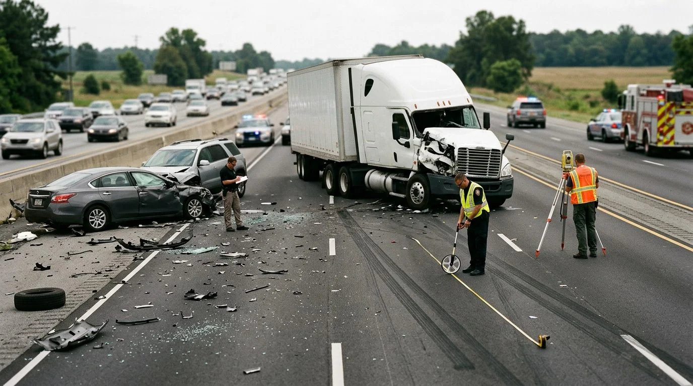 Accident reconstruction specialists measure debris and skid marks at a multi-vehicle highway collision scene.