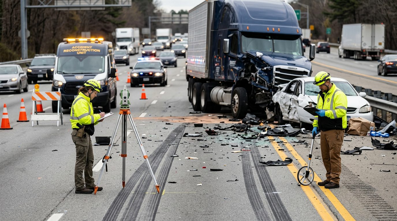 Accident reconstruction specialists measuring debris and skid marks at a multi-lane highway truck collision site.