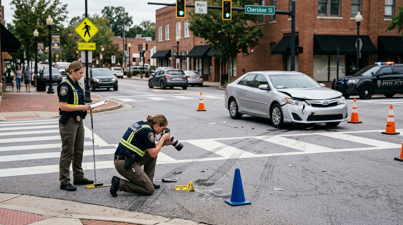 Accident scene at urban intersection with damaged vehicle and investigators documenting collision.