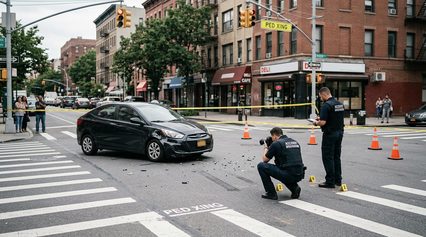 Accident scene at urban intersection with damaged vehicle and investigators documenting collision.