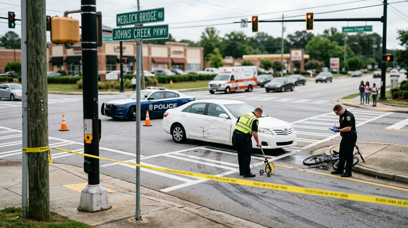 Accident scene at urban intersection with damaged vehicle, traffic cones, and investigators documenting collision.