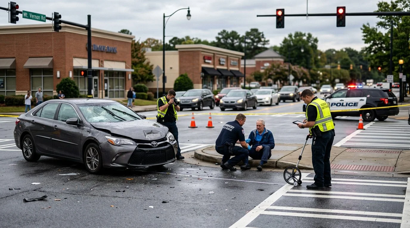 Accident scene at urban intersection with damaged vehicle, traffic cones, and investigators documenting collision.