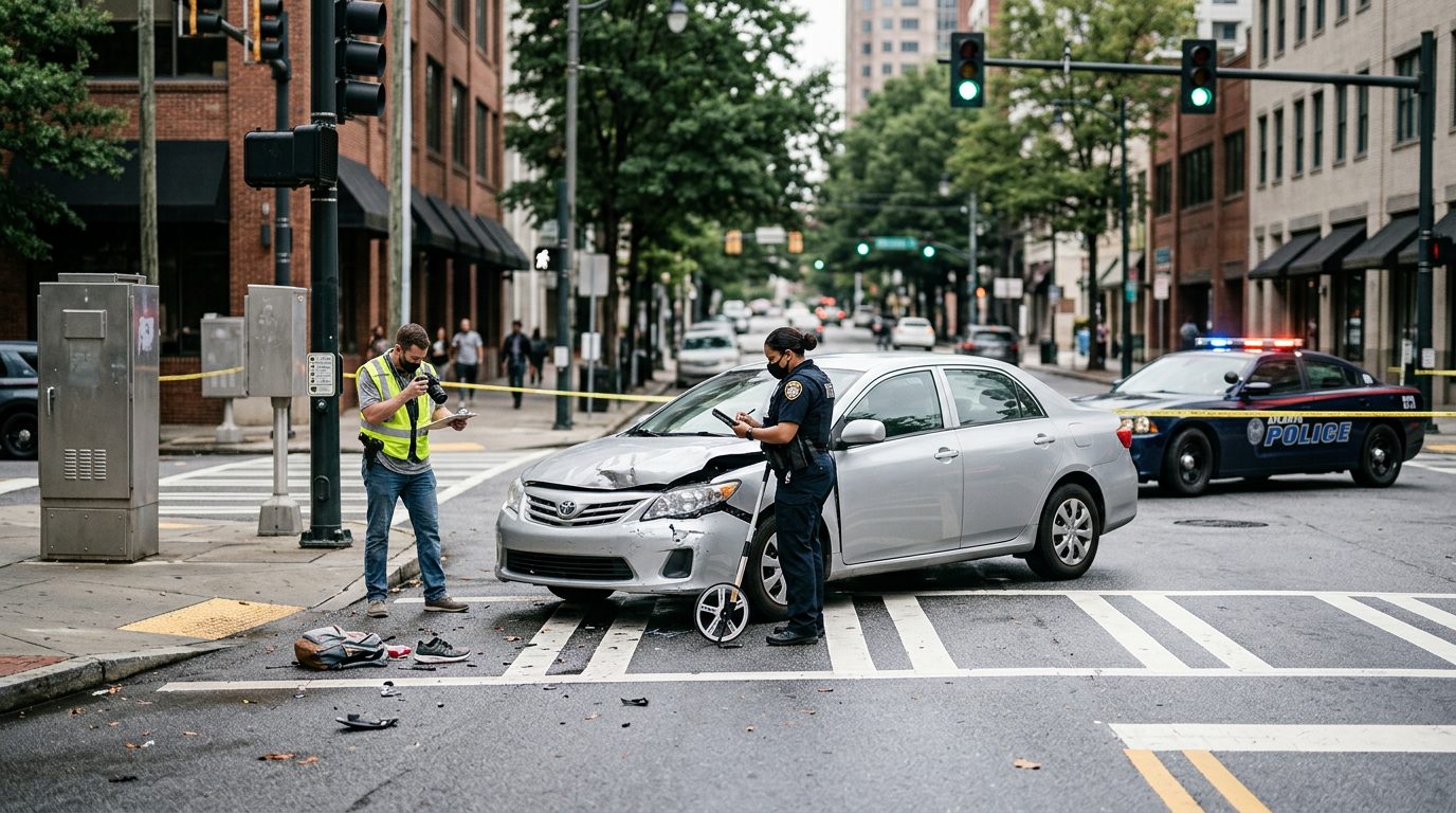 Accident scene at urban intersection with damaged vehicle, traffic cones, and investigators documenting collision.