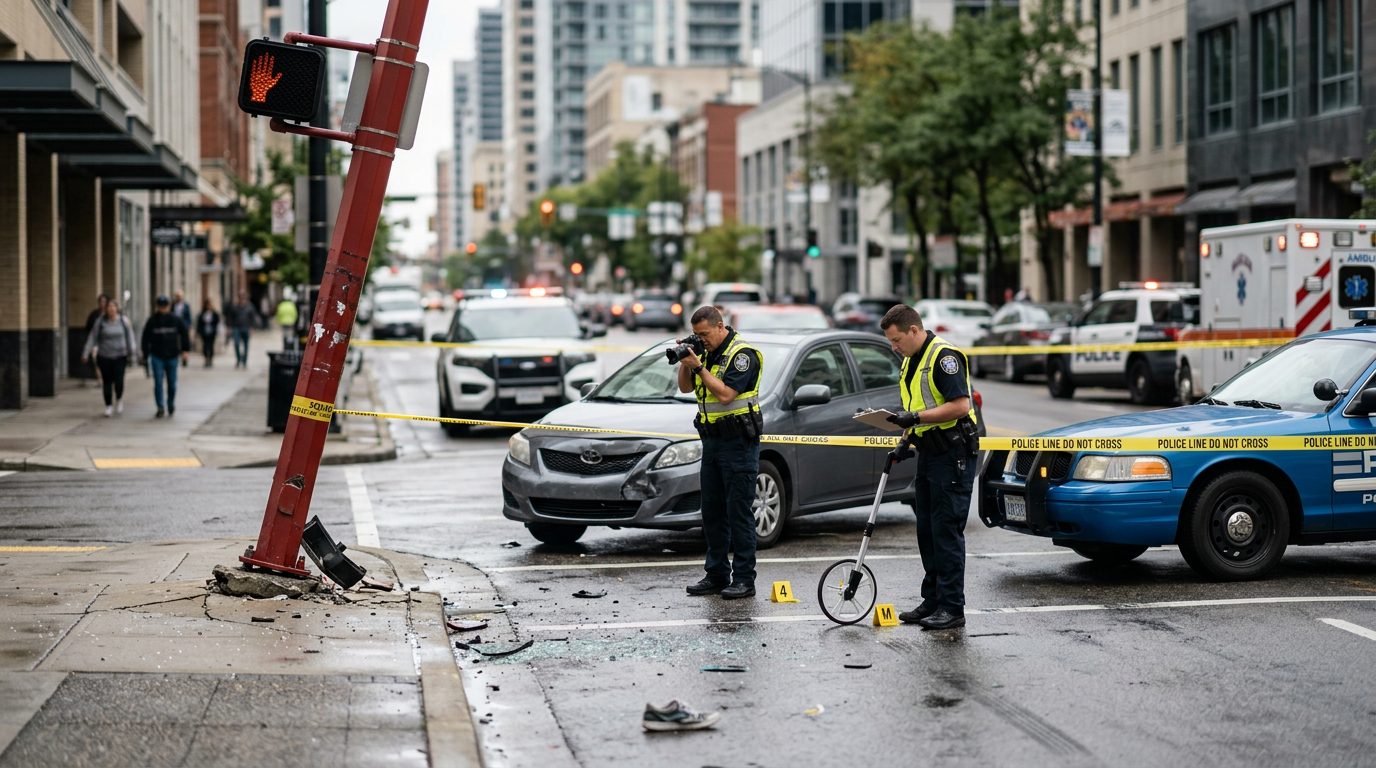 Accident scene at urban intersection with damaged vehicle, traffic cones, and investigators documenting collision.