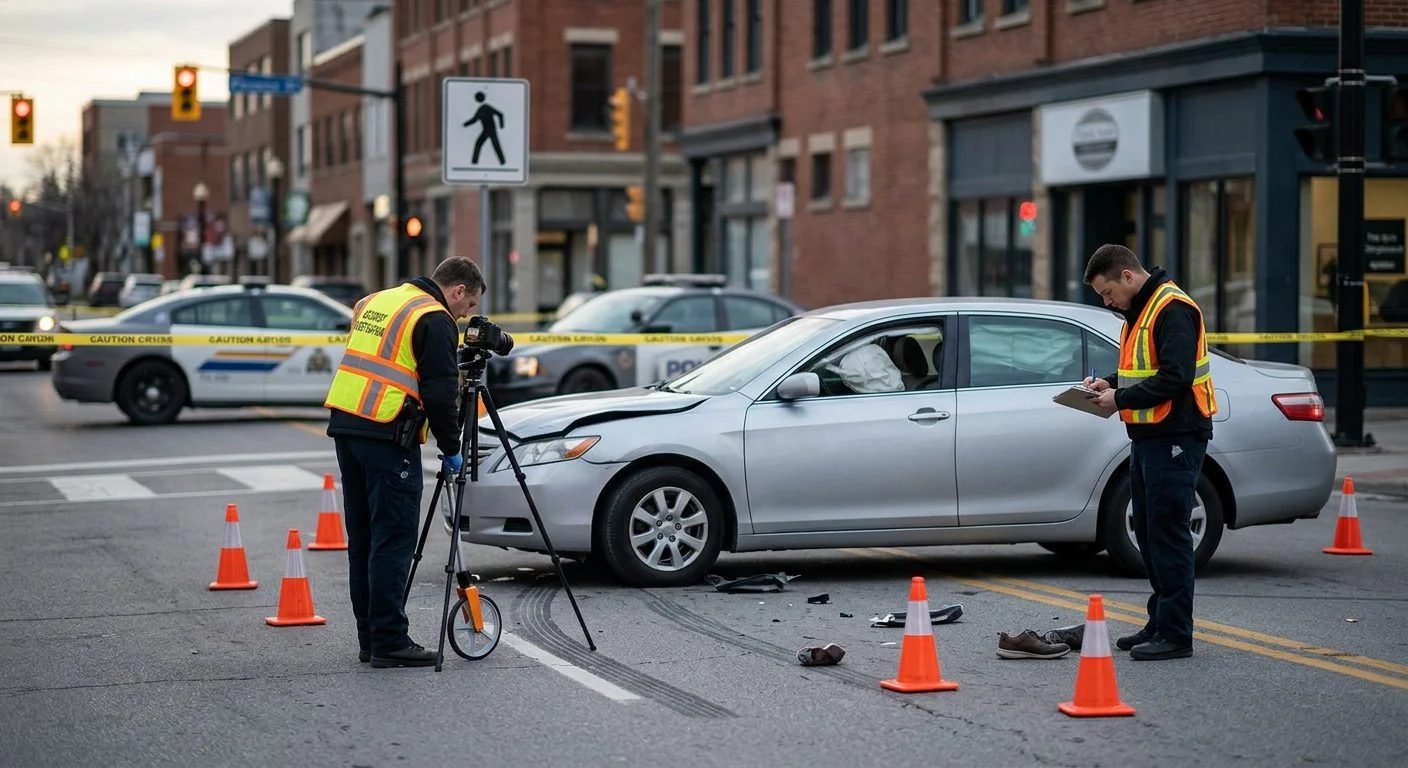 Accident scene at urban intersection with vehicle damage and investigators documenting collision.