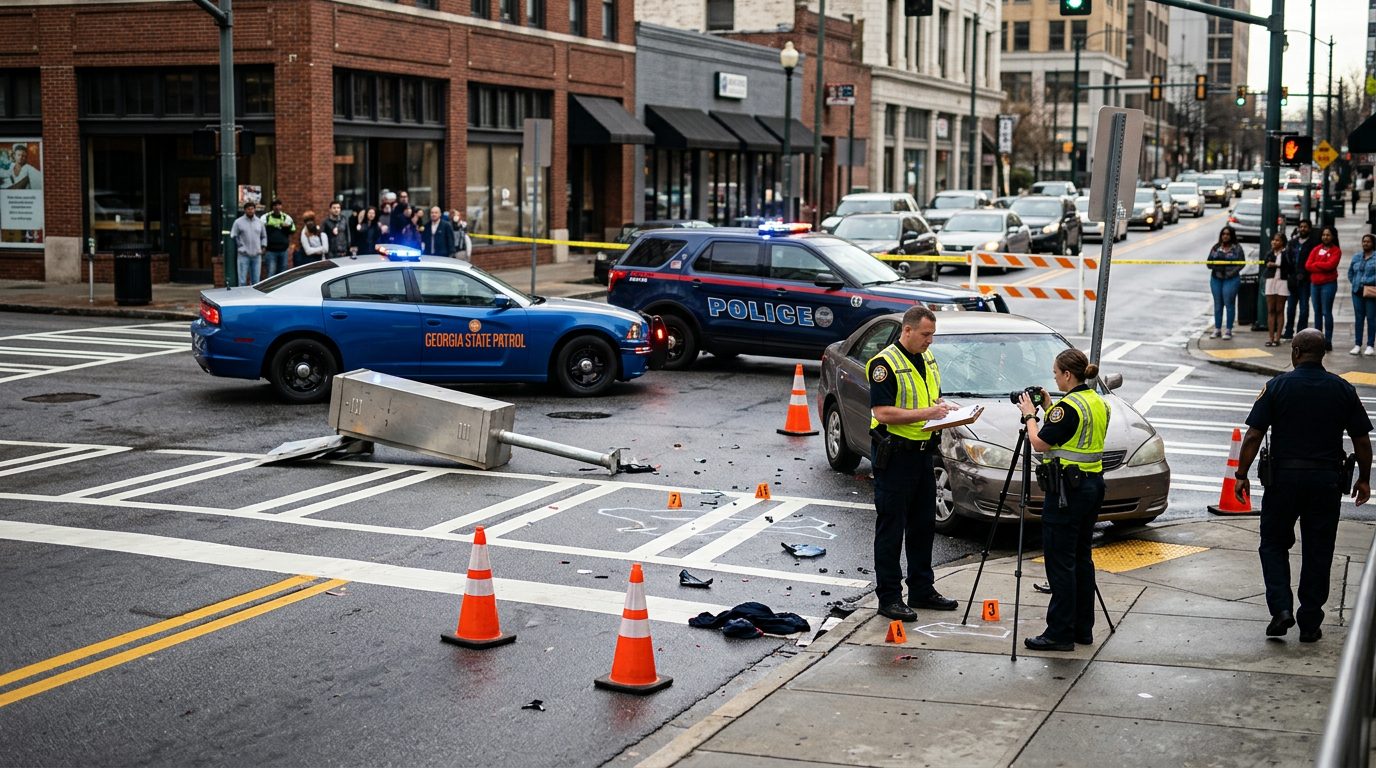Accident scene at urban intersection with vehicle damage and investigators documenting collision.