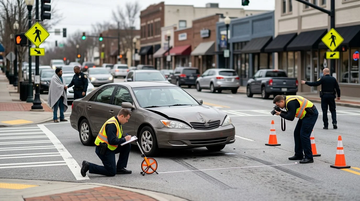 Accident scene at urban intersection with vehicle damage and investigators documenting collision.
