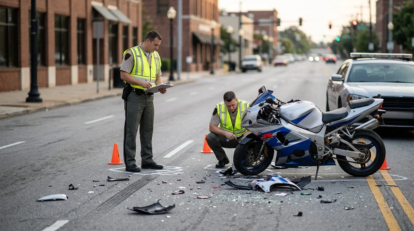 Accident scene on city street with motorcycle debris and investigators documenting collision.