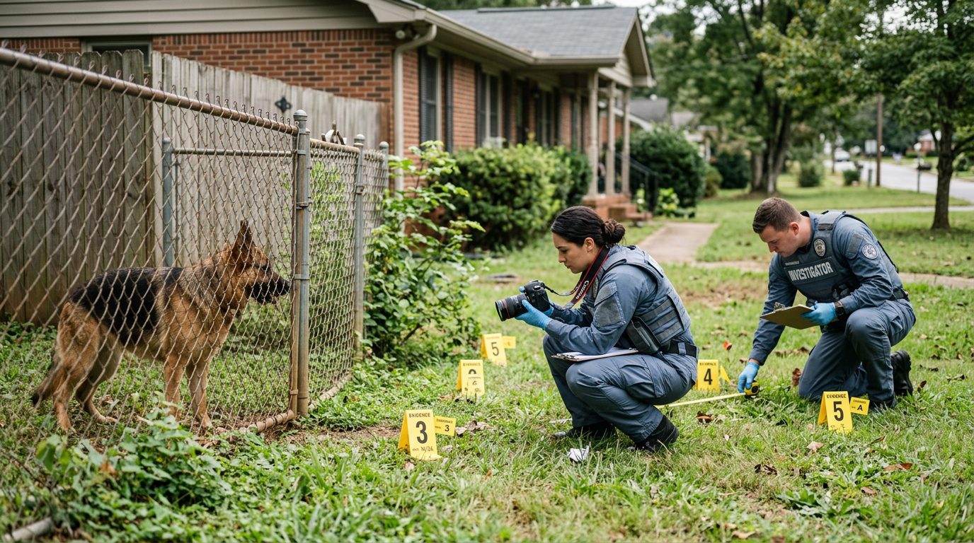 Accident scene with dog behind fence and evidence markers in residential yard.