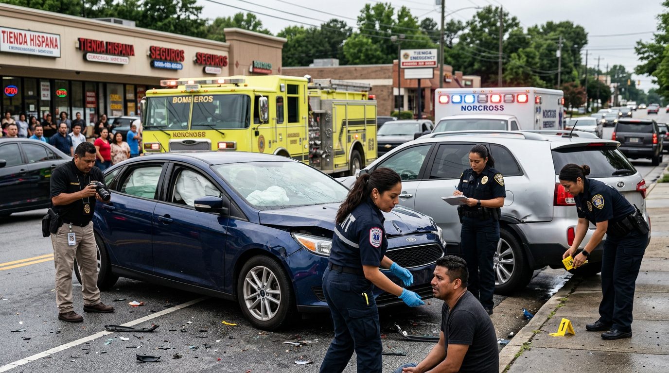 Accidente de tráfico en calle urbana con vehículos dañados, ambulancias e investigadores documentando el incidente.