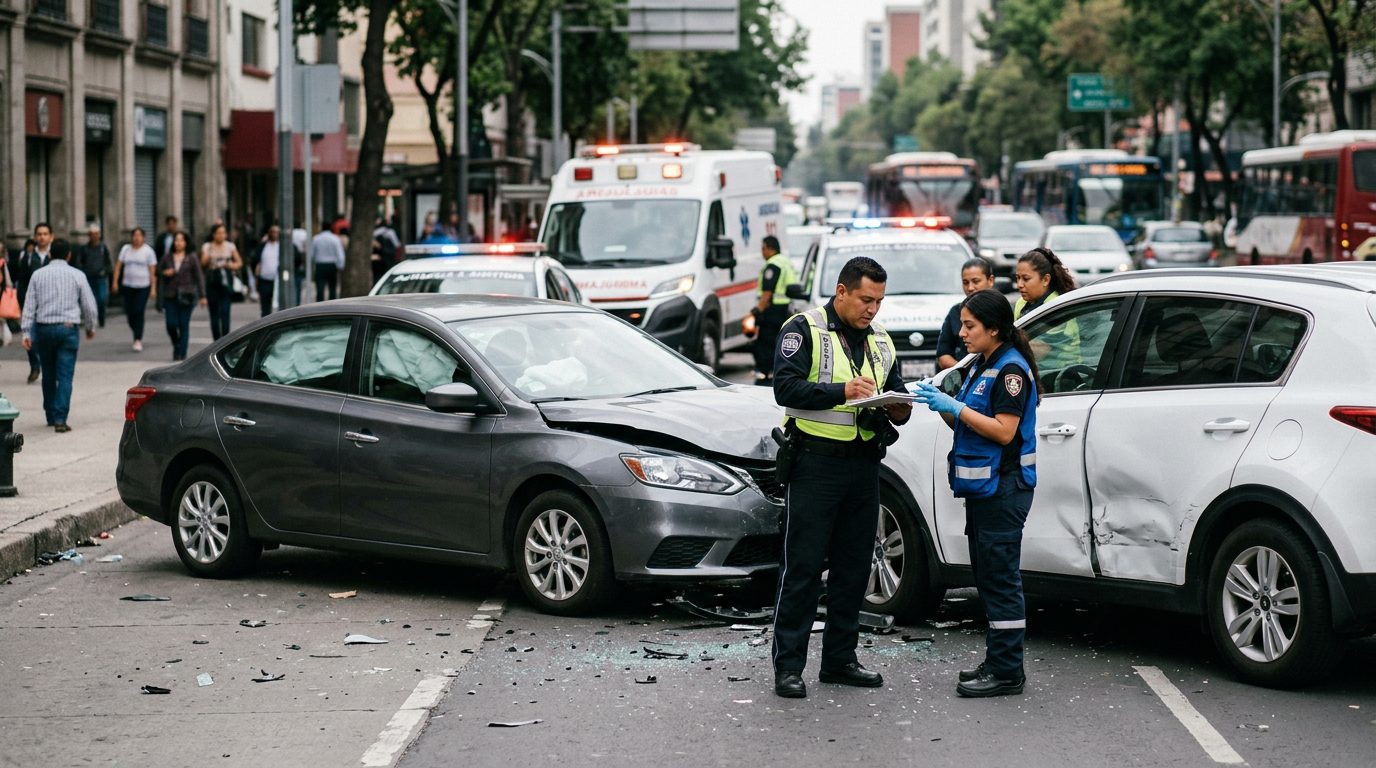 Accidente de tráfico en calle urbana con vehículos dañados, ambulancia e investigadores documentando.