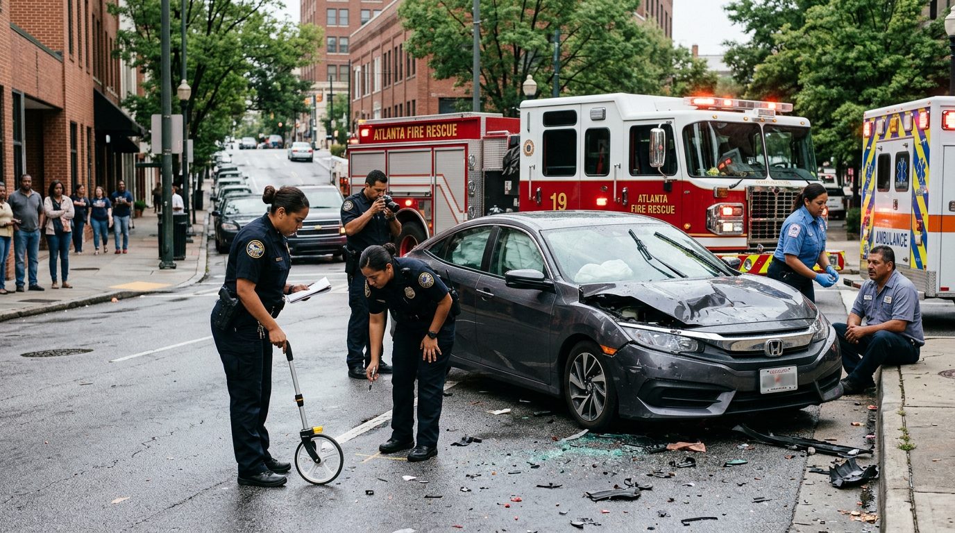 Accidente de tráfico en calle urbana con vehículos dañados, ambulancias e investigadores documentando el incidente.