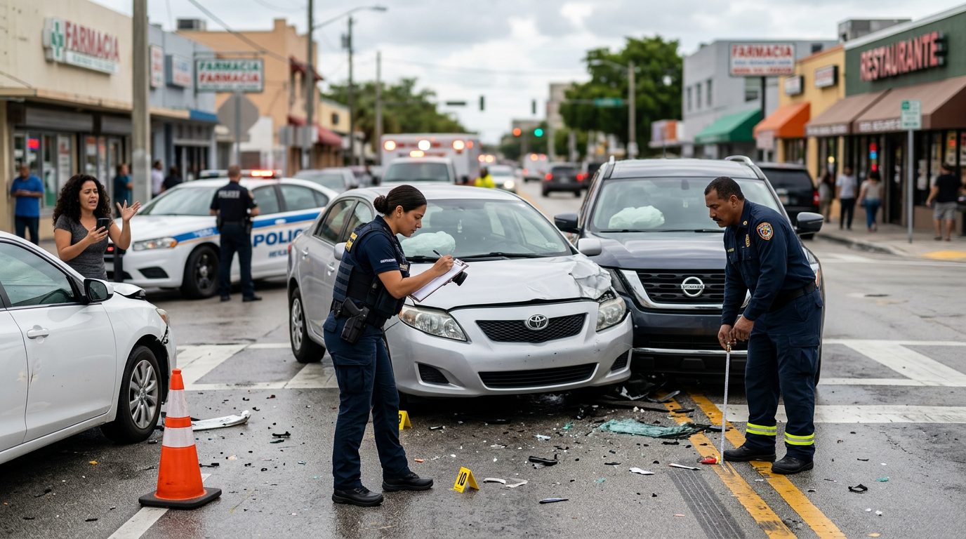 Accidente de tráfico en calle urbana con vehículos dañados, ambulancias e investigadores documentando.