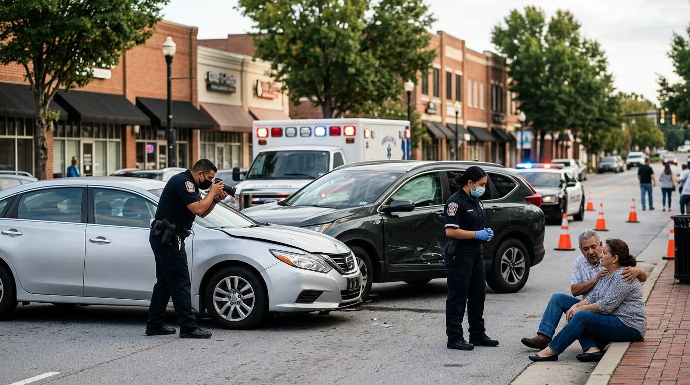 Accidente de tráfico en calle urbana con vehículos dañados, ambulancias e investigadores documentando el incidente.