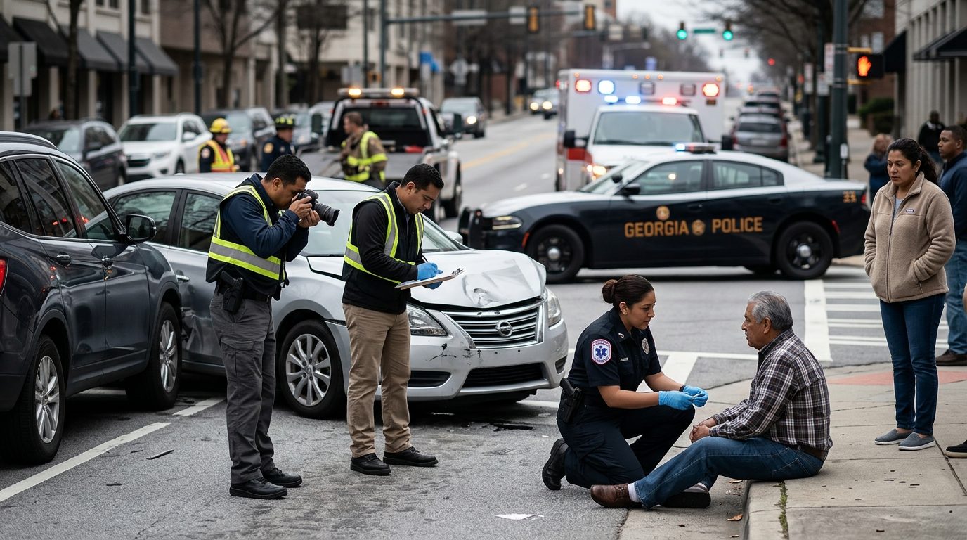 Accidente de tráfico en calle urbana con vehículos dañados y personal de emergencia investigando.