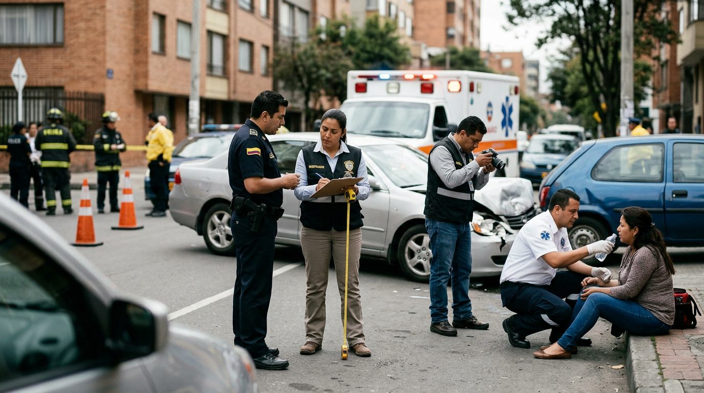Accidente vehicular en calle urbana con vehículos dañados, ambulancia y investigadores documentando el incidente.