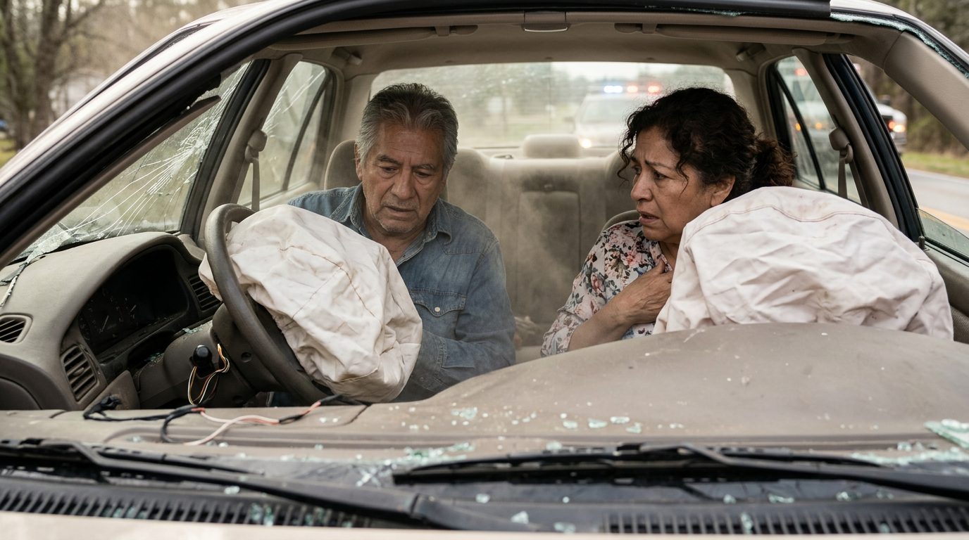 Airbag desplegado en interior de automóvil dañado tras colisión.