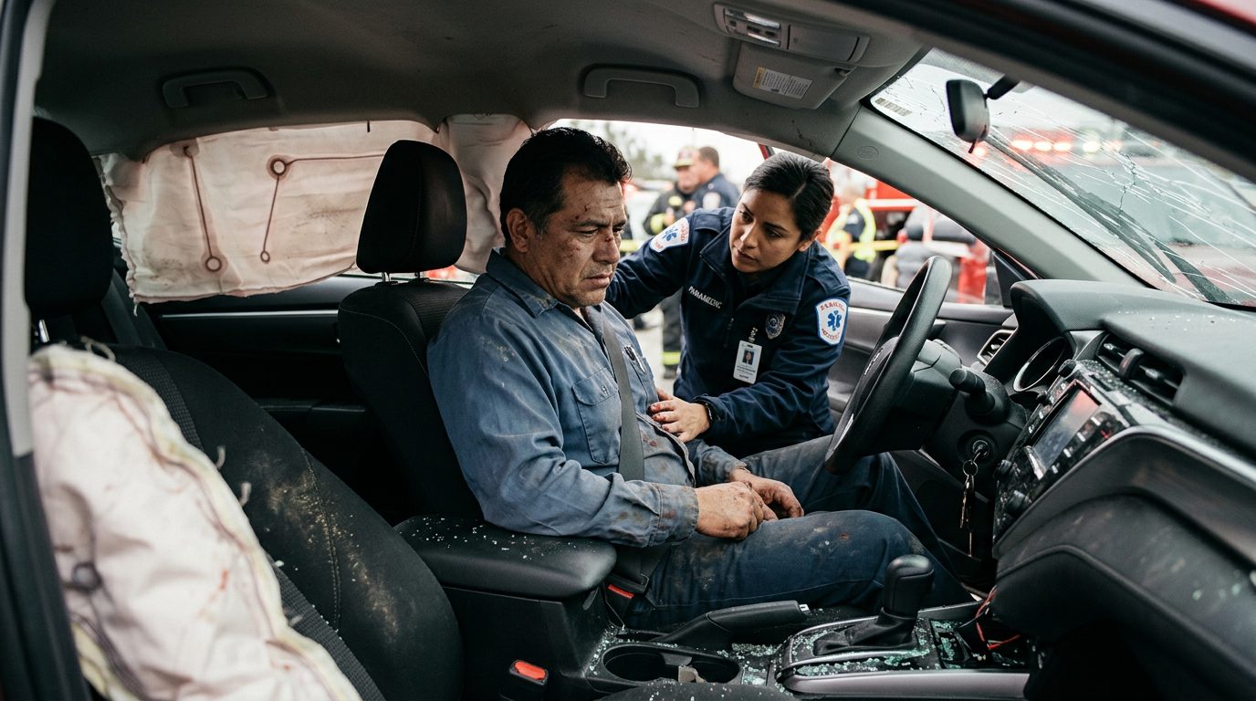 Airbag desplegado en interior de automóvil dañado tras colisión.