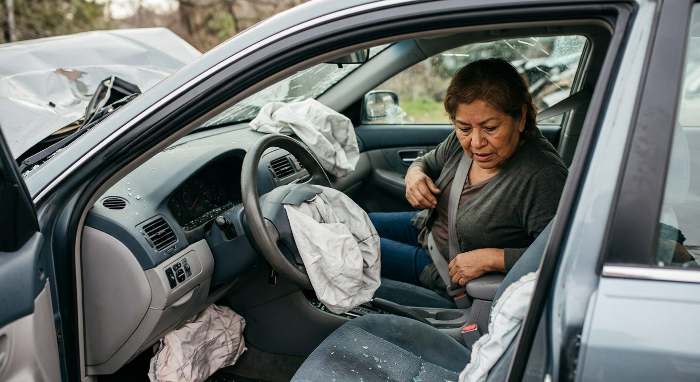 Airbag desplegado en interior de automóvil dañado tras colisión.