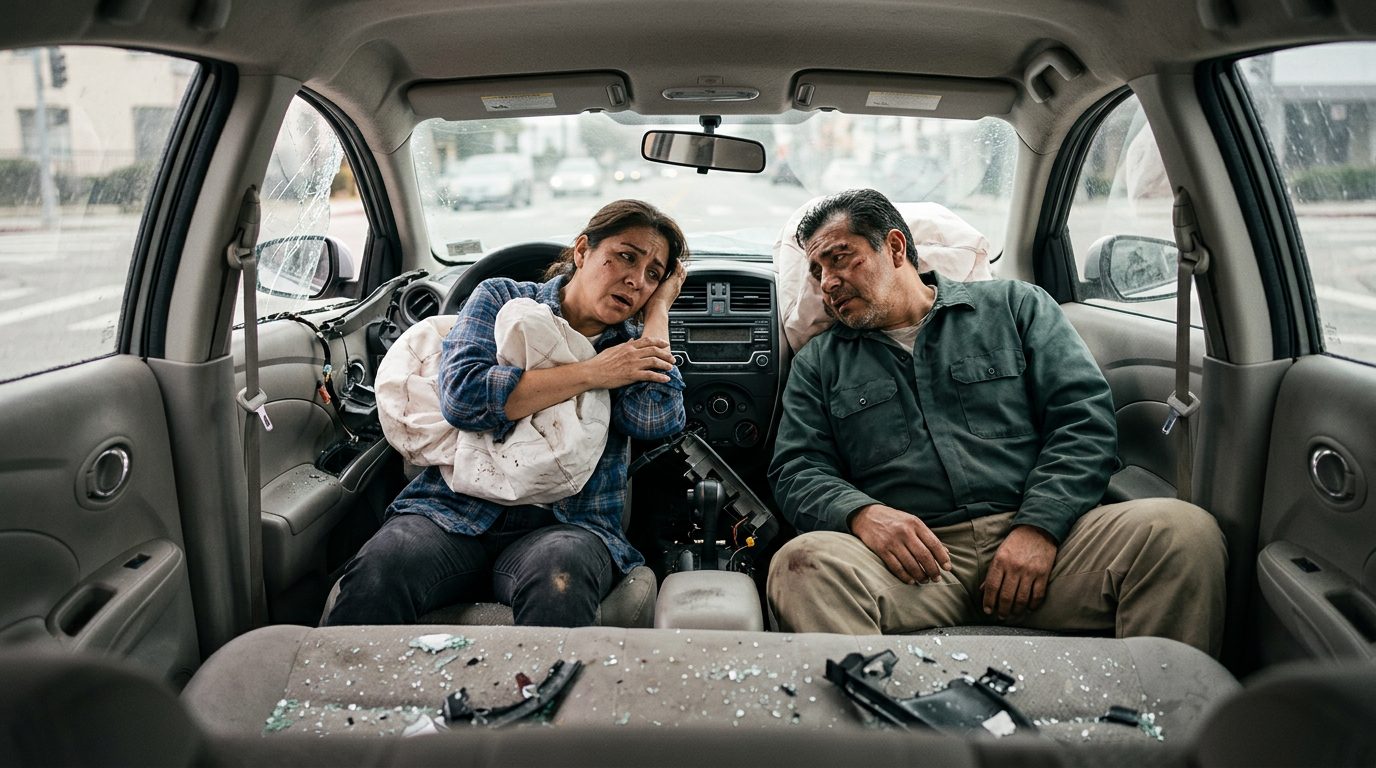 Airbag desplegado en interior de automóvil dañado tras colisión.