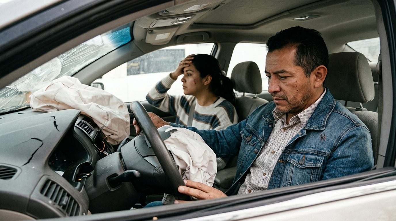 Airbag desplegado en interior de automóvil dañado tras colisión.